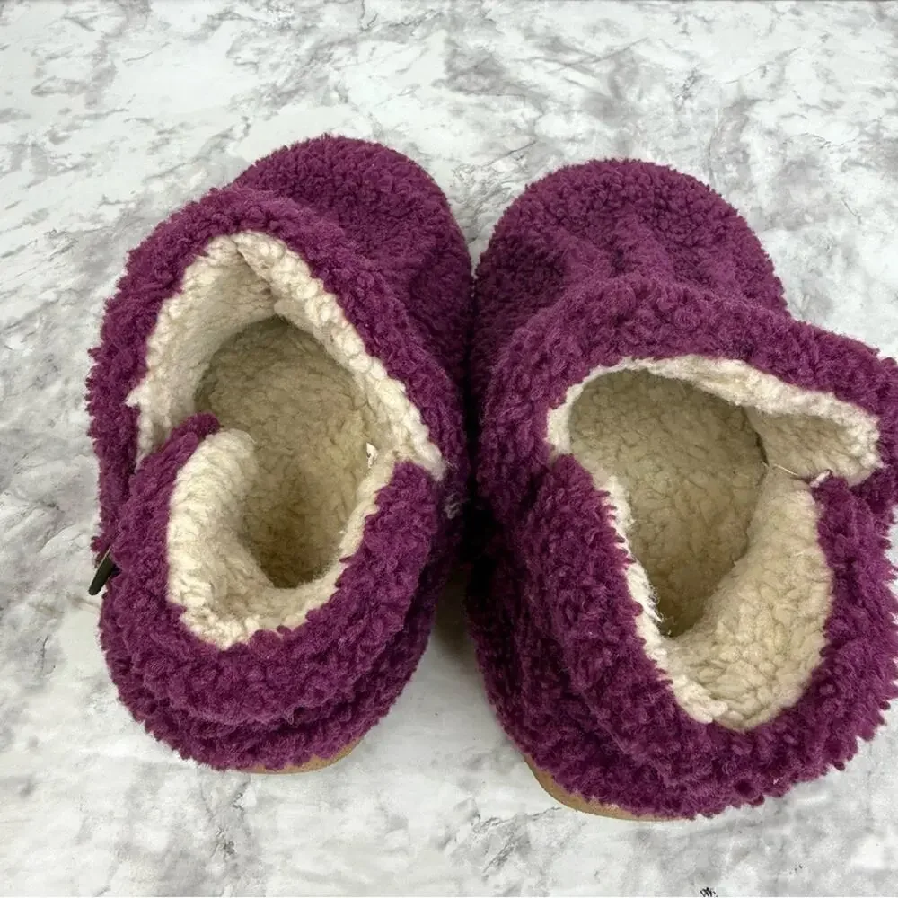 L.L.BEAN Kid’s Cozy Slipper Booties, Pile Fleece Plum Leather Sole Sz 12/13